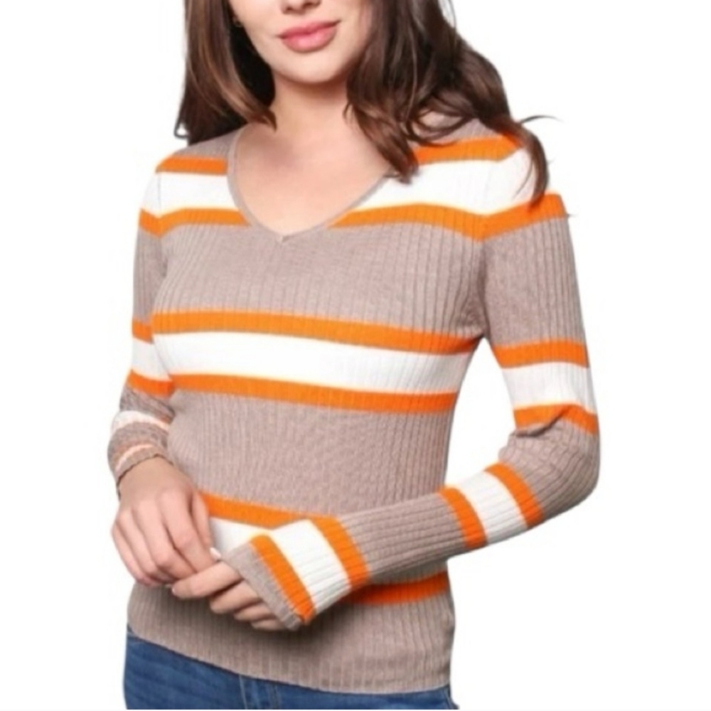 Society 212 Striped V-Neck Sweater - Orange, White, Brown